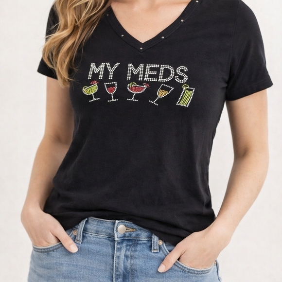 Get Lucky Tops - My Meds Funny Cocktail Rhinestone Graphic Tee Size Large